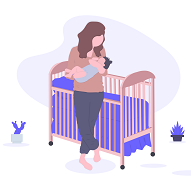 Mother with baby next to cot