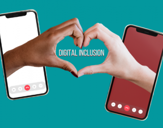 Digital inclusion graphic with hands reaching out from smartphones to connect
