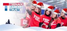 A photo of a group of volunteers wearing "teenage cancer trust volunteer" t-shirts and santa hats. The Teenage Cancer Trust logo is overlaid. 