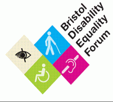 Logo.  Four diamond shapes, each with a disability icon and the words Bristol Disability Equality Forum on  it.