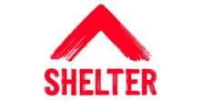 Red and white with a symbol of a roof above the word Shelter