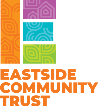 Multicoloured letter E, with Eastside Community Trust in orange lettering below