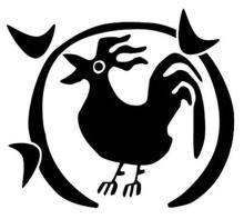 A logo of a black silhouette of a chicken with a semi-circle around it