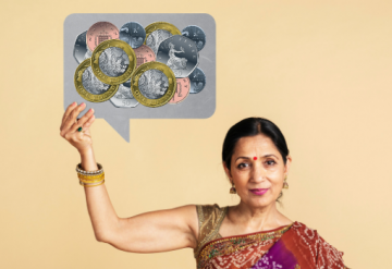Woman in sari holding up speech bubble with coins in